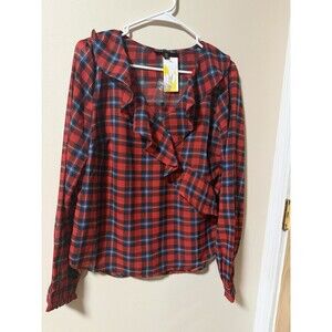 Mixed Threads NWT Red Tartan Plaid V-Neck Ruffle Blouse - Size Medium